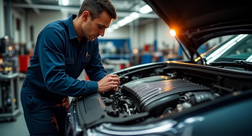 Meccanico esperto che esegue il tagliando su un'auto sportiva